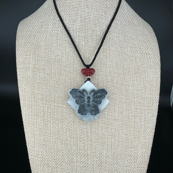Tai Chi Stone Butterfly Pendant Necklace with Silver and Cinnabar on Rope - Picture 7 of 12